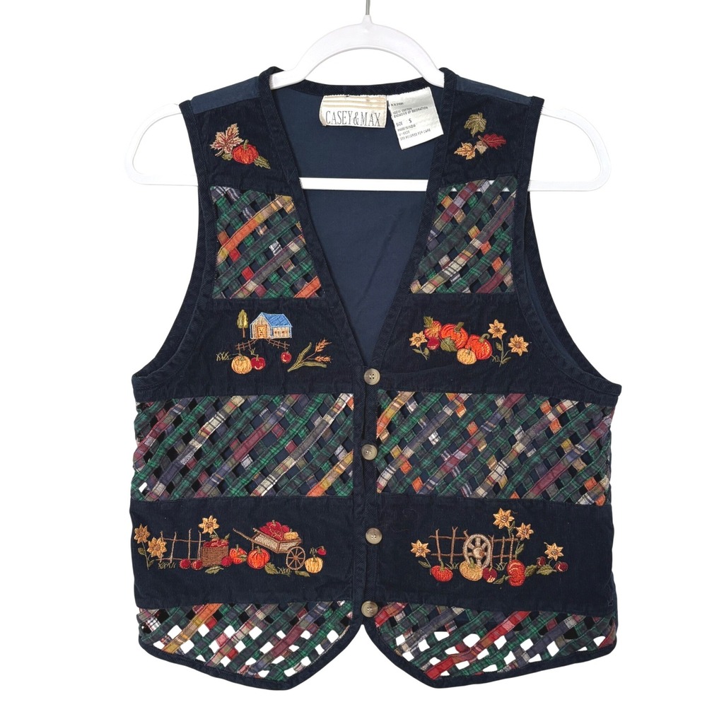 Vintage Casey & Max Autumn Pumpkins Vest S Cotton Cottagecore Teacher Core 90s